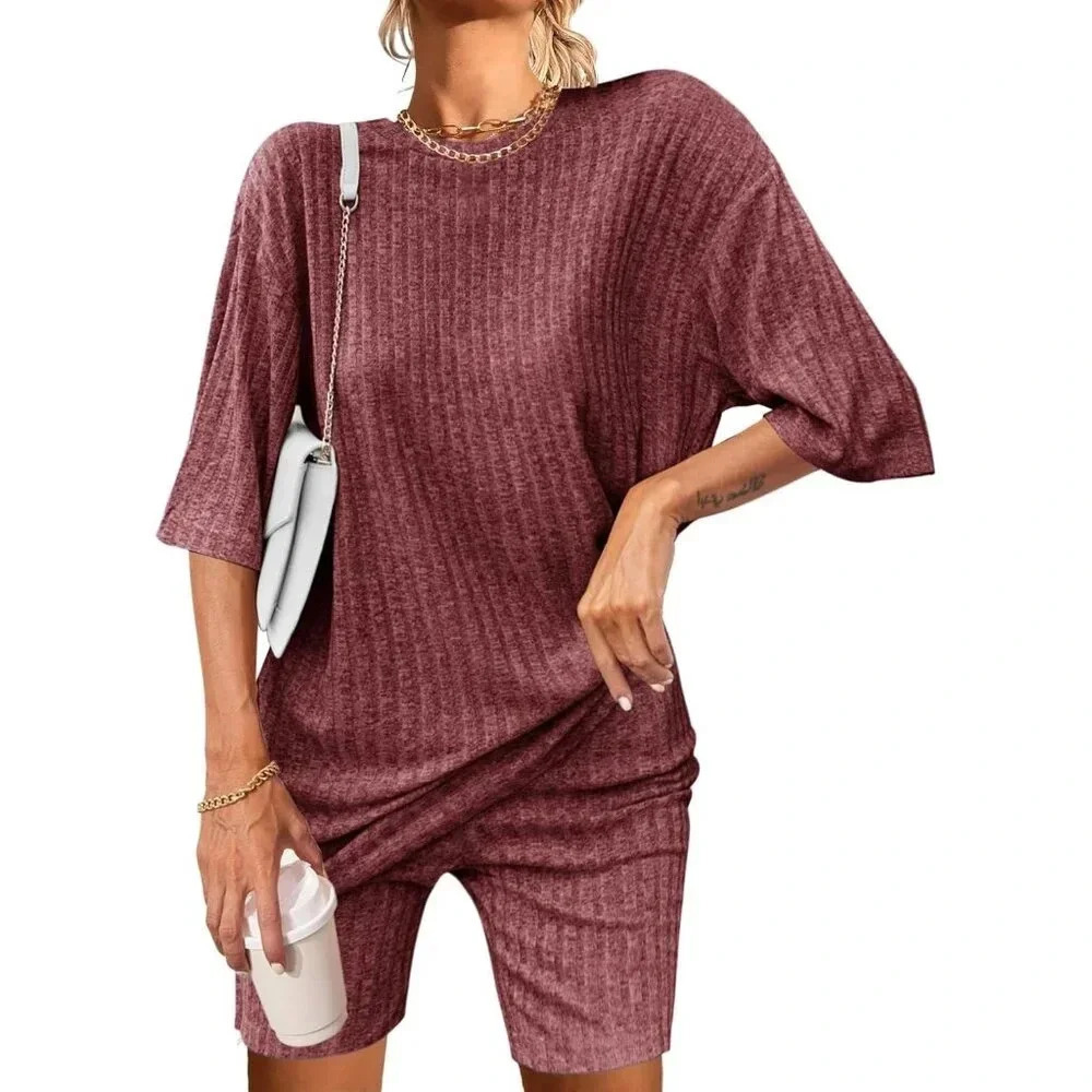 2 Piece Lounge Sets Ribbed Knit Matching Outfits T-Shirt Biker Shorts  Sleepwear